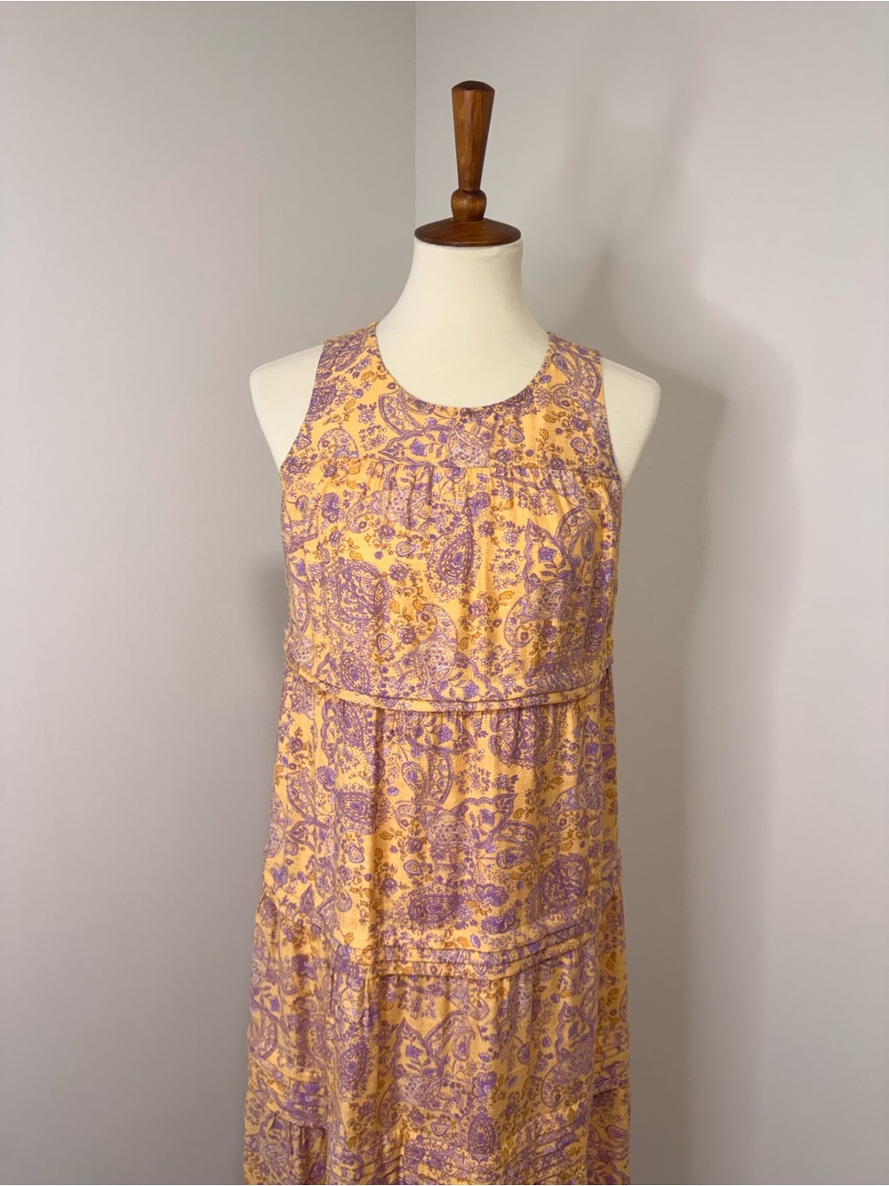 J. Jill Yellow Maxi Dress with Lavender Paisley Print | Summer Dress |100% Rayon